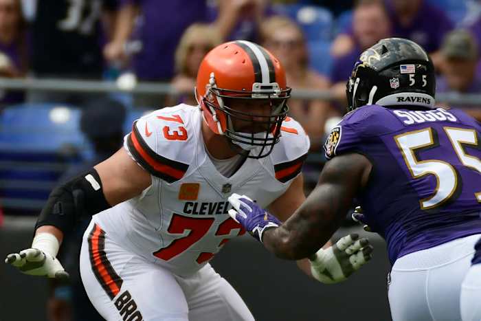 Browns left tackle Joe Thomas (73) blocks Ravens outside linebacker Terrell Suggs (55) during a 2017 game in Baltimore.